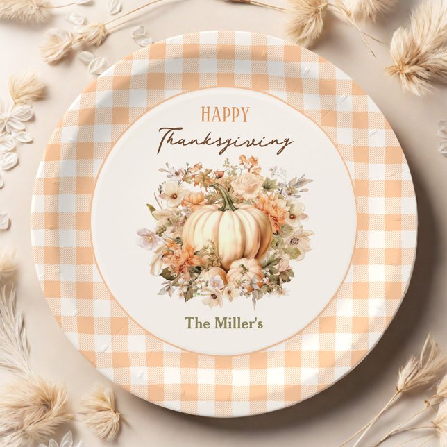 Assiettes En Carton Dîner Thanksgiving Citrouille En vichy Pastel (Thanksgiving Dinner Pumpkin Gingham Pastel Paper Plates)