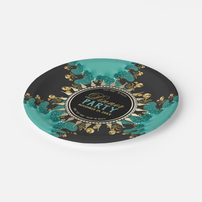 Assiettes En Carton Dîner Turquoise Fractal Gold Swirl (Angle)