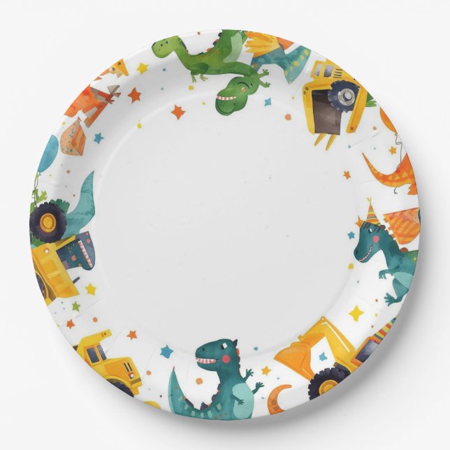 Assiettes En Carton Dino Digger Construction Birthday Party (Devant)