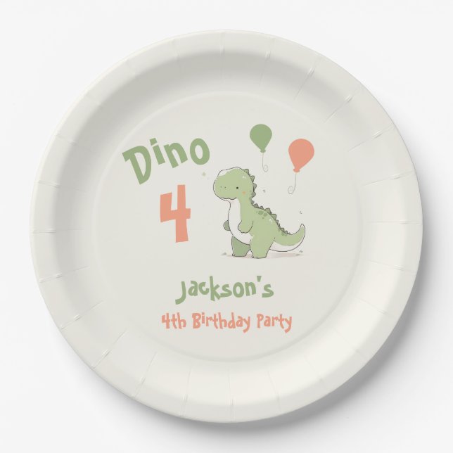 Assiettes En Carton Dino Four Dinosaur 4e fête d'anniversaire (Devant)