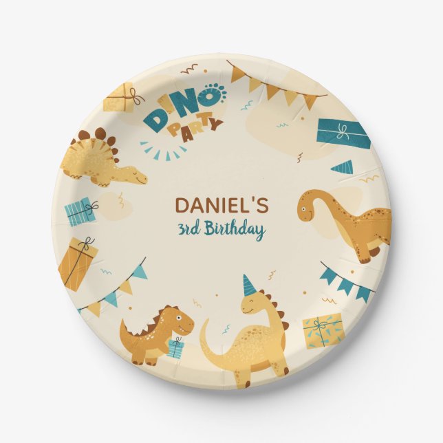 Assiettes En Carton Dino Party. Cute Dinosaures 3e anniversaire (Devant)