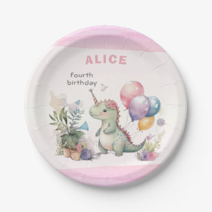 Assiettes En Carton Dino Party Watercolor Girl rose Anniversaire
