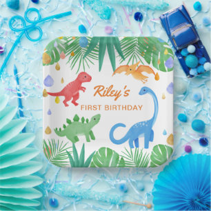 Assiettes En Carton Dinosaur 1er Anniversaire Invitation Colorée Cute
