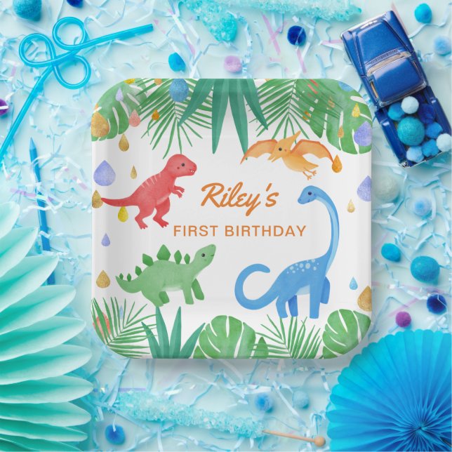 Assiettes En Carton Dinosaur 1er Anniversaire Invitation Colorée Cute (Fête)