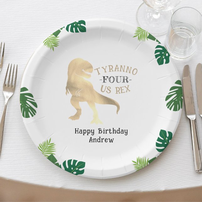 Assiettes En Carton Dinosaur 4e fête d'anniversaire Gold Tyrannosaurus (Créateur téléchargé)