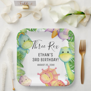 Assiettes En Carton Dinosaur aquarelle Trois Rex 3ème anniversaire