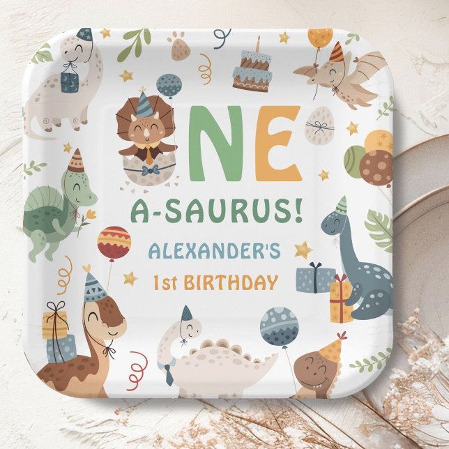 Assiettes En Carton Dinosaur Boy 1st Birthday One A-Saurus Party (Créateur téléchargé)