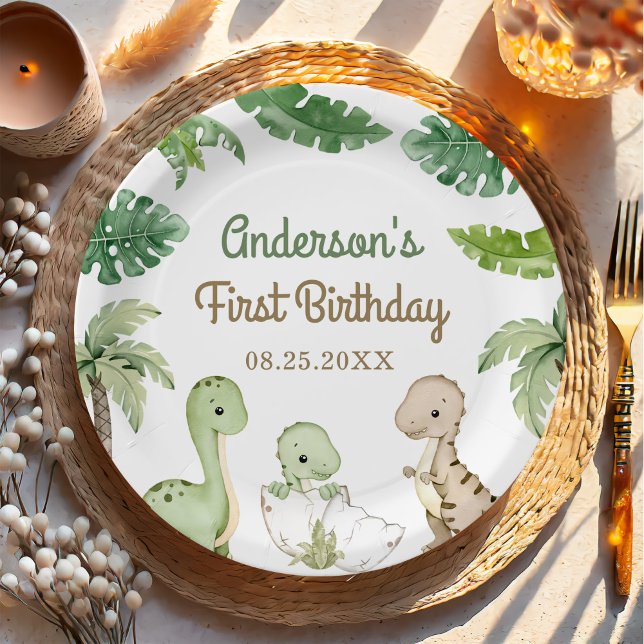 Assiettes En Carton Dinosaur Boy Green 1er anniversaire (Créateur téléchargé)