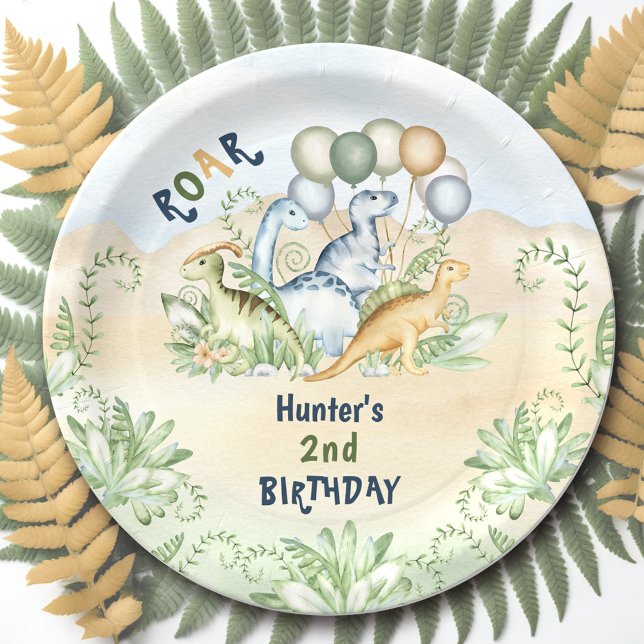 Assiettes En Carton Dinosaur Boy Pastel Cute Blue Green 2e anniversair (Dinosaur Boy Pastel Cute Blue Green 2nd Birthday Paper Plates)