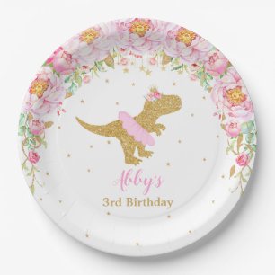 Assiettes En Carton Dinosaur Floral Rose Anniversaire T-Rex 9"