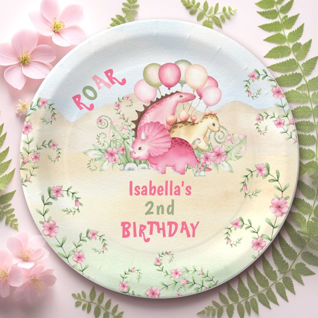 Assiettes En Carton Dinosaur Girl Pink Pastel Cute Floral 2e anniversa (Dinosaur Girl Pink Pastel Cute Floral 2nd and any Birthday Paper Plates)