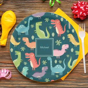 Assiettes En Carton Dinosaur Motif Blue Monogrammed Kid Boy Party