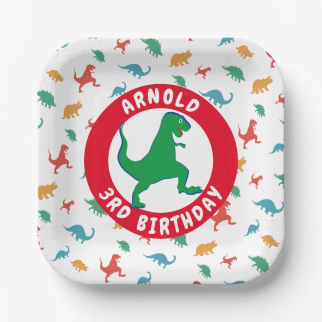 Assiettes En Carton Dinosaur Motif T-Rex Boy 3e fête d'anniversaire (Recto)