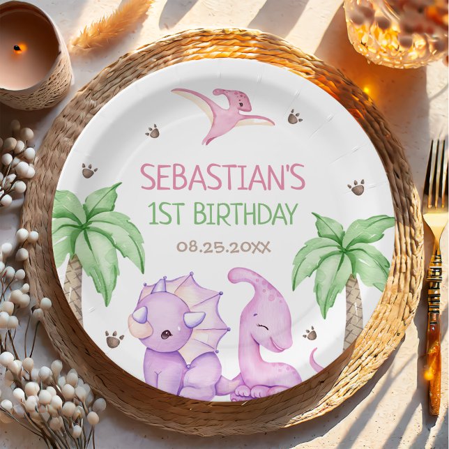 Assiettes En Carton Dinosaur One-A-Saurus Fille 1er anniversaire (Créateur téléchargé)