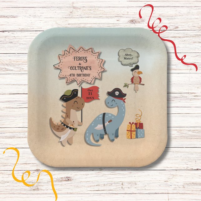 Assiettes En Carton Dinosaur Pirate Anniversaire Fête Jumeaux Personna (Dino Pirate Twins Birthday Party paper plates with TRex and Brontosaurus dressed as Pirates.)