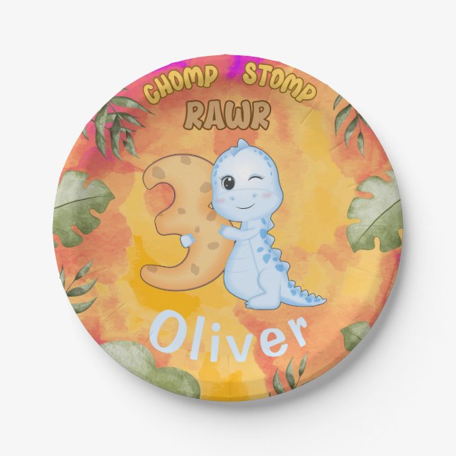 Assiettes En Carton Dinosaur Stomp Chomp Rawr 3e anniversaire fête (Devant)