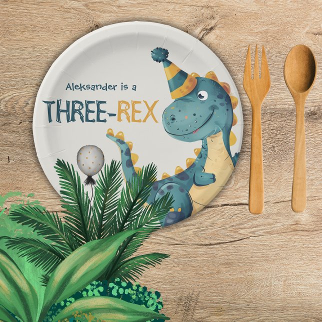 Assiettes En Carton Dinosaur Trex Trois Rex 3e fête d'anniversaire (Créateur téléchargé)