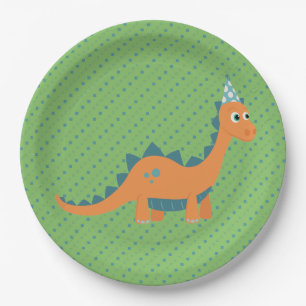 Assiettes En Carton Dinosaure de dessin animé vert et orange