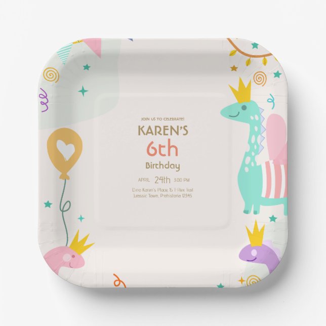Assiettes En Carton Dinosaure de Whimsical Princess Anniversaire (Recto)
