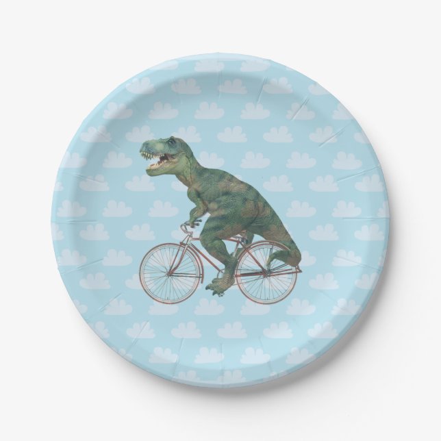 Assiettes En Carton Dinosaure Dinosaur TRex vélo  (Devant)