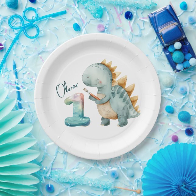 Assiettes En Carton Dinosaure mignon avec brosse 1er anniversaire (Fête)