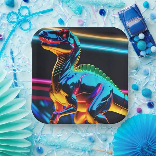 Assiettes En Carton Dinosaure Néon (Fête)