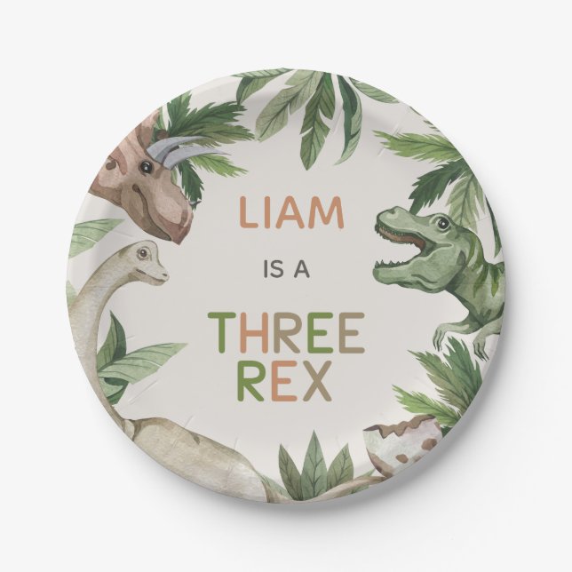 Assiettes En Carton Dinosaure vert rustique Trois Rex 3e anniversaire (Devant)