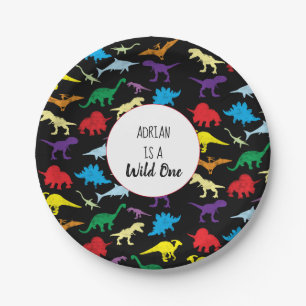 Assiettes En Carton Dinosaures colorés Wild One Anniversaire de enfant