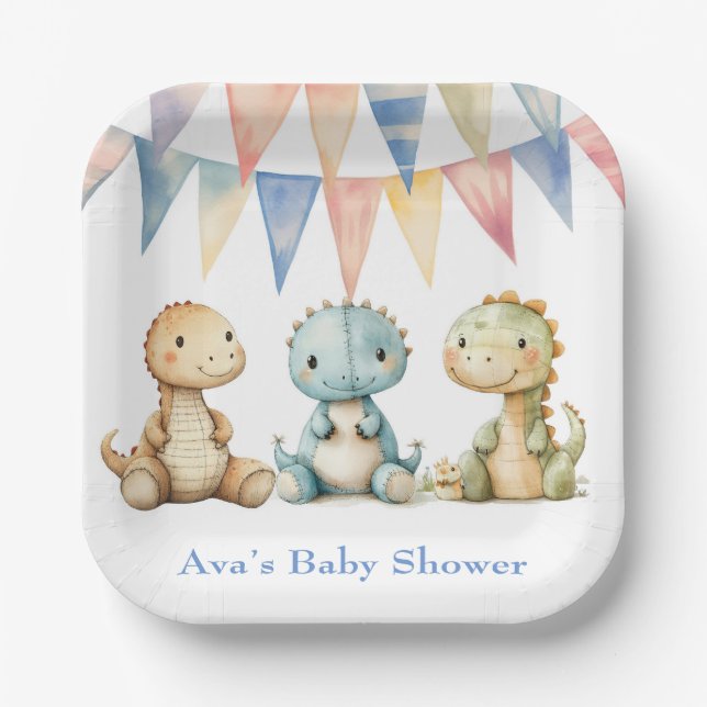 Assiettes En Carton Dinosaures mignons et amis Baby shower garçon (Recto)