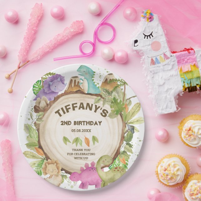 Assiettes En Carton Dinosaures violet rose mou Jurrasic fille Annivers (Fête)