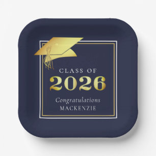 Assiettes En Carton Diplômé 2026 Bleu marine Faux métallisé or