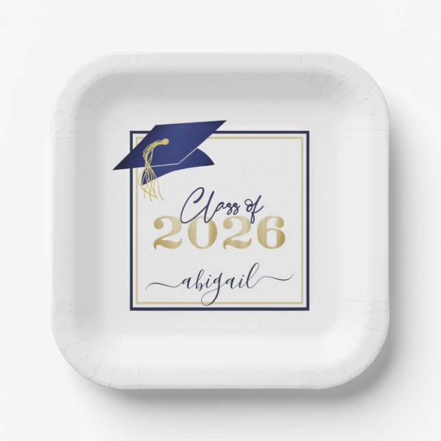 Assiettes En Carton Diplômé 2026 Faux Metallic Navy Or Script (Recto)