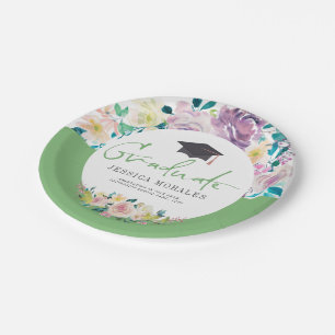 Assiettes En Carton Diplômé en typographie verte - Fleurs d'été