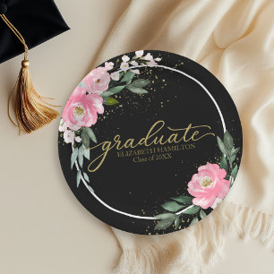 Assiettes En Carton Diplômé Fleur rose vif Fête de graduation Noir