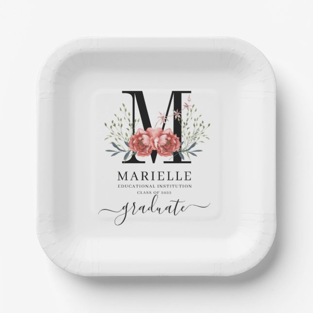 Assiettes En Carton Diplôme Floral Monogramme Logo Papier (Recto)