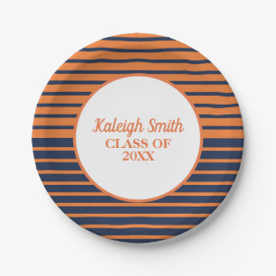 Assiettes En Carton Diplôme rayé bleu marine orange personnalisé