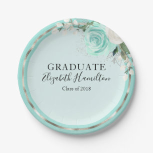 Assiettes En Carton Diplômé Turquoise et Argent Moderne Chic Floral
