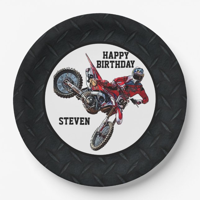Assiettes En Carton Dirt Bike Rouge Anniversaire Sport Motorcycle Cool (Devant)