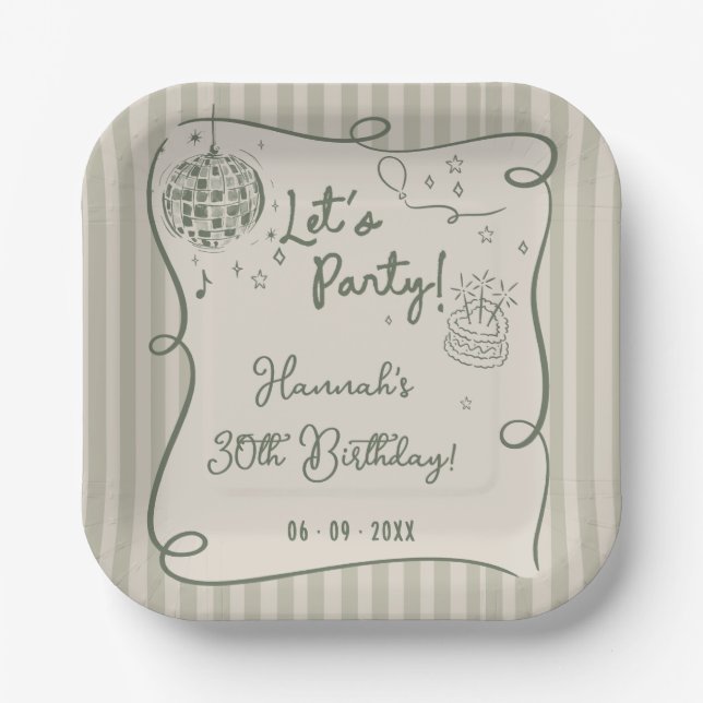 Assiettes En Carton Disco Whimsical Hand Drawn Funky 30e anniversaire (Recto)