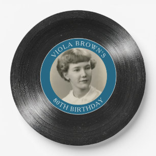 Assiettes En Carton Disque Vinyle 80e Anniversaire Bleu