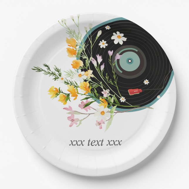 Assiettes En Carton Disque vinyle,  Oldies Musique rustique, fleurs, (Devant)