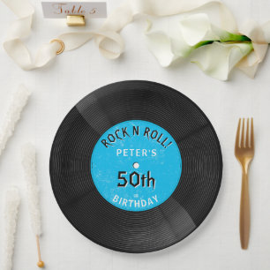 Assiettes En Carton Disque Vinyle Rétro Rock N Roll Bleu Anniversaire