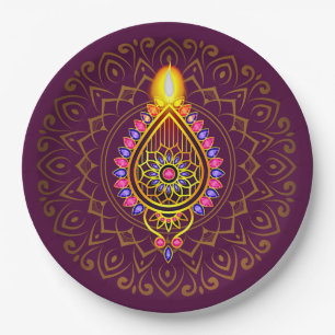 Assiettes En Carton Diwali Bijoux Diya Design bougie Mandala Purple