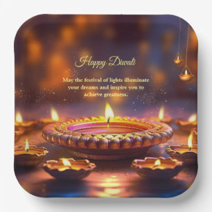 Assiettes En Carton Diwali Orange Brown Lampe dorée Diyas