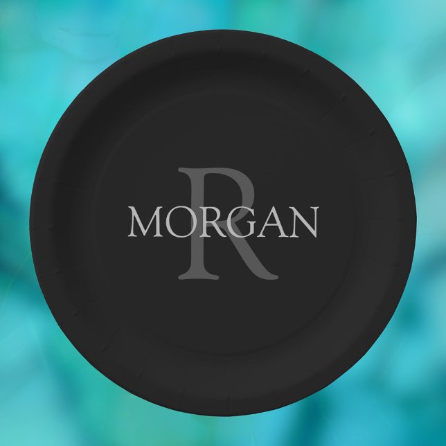 Assiettes En Carton do-it-yourself Monogramme & Nom, Noir classique av (Créateur téléchargé)