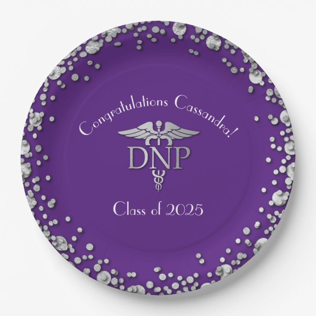 Assiettes En Carton Docteur en soins infirmiers Graduation Purple Silv (Devant)