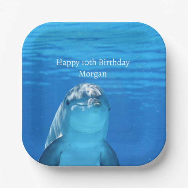 Assiettes En Carton Dolphin Blue Ocean Joyeux Anniversaire Nom Age (Recto)