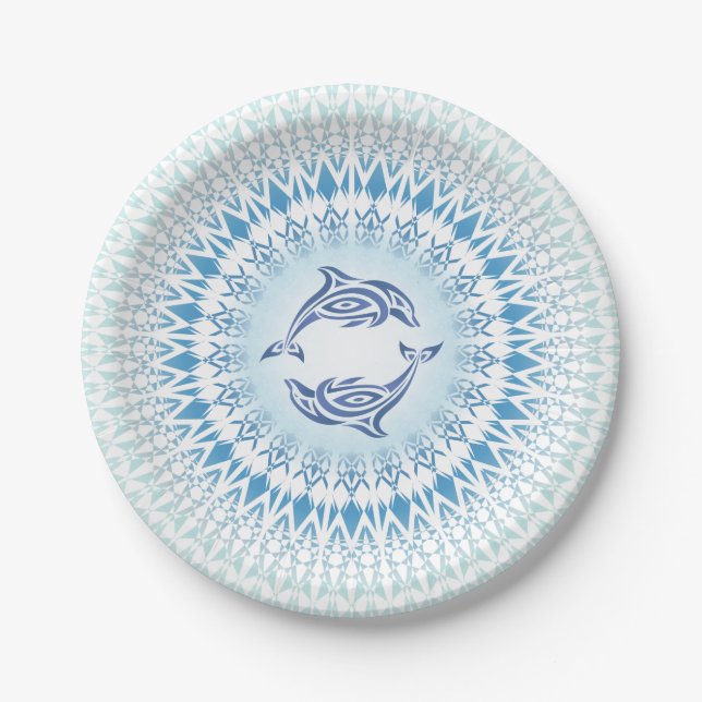 Assiettes En Carton Dolphins Mandala Bleu Blanc Nautique (Devant)