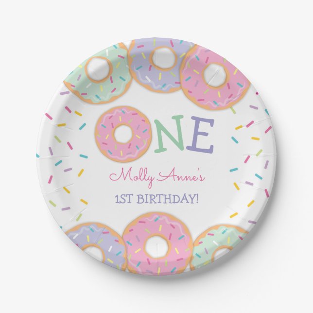Assiettes En Carton Donut 1er Anniversaire Donut Grandir Rose arroses (Devant)