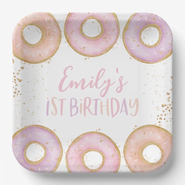 Assiettes En Carton Donut 1er Anniversaire Plaques papier personnalisé (Recto)